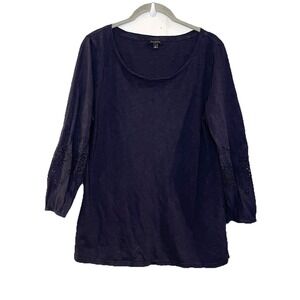 Talbots Women's Navy Blue Eyelet Embroidered Sleeve Knit Top Scoop Neck Solid M